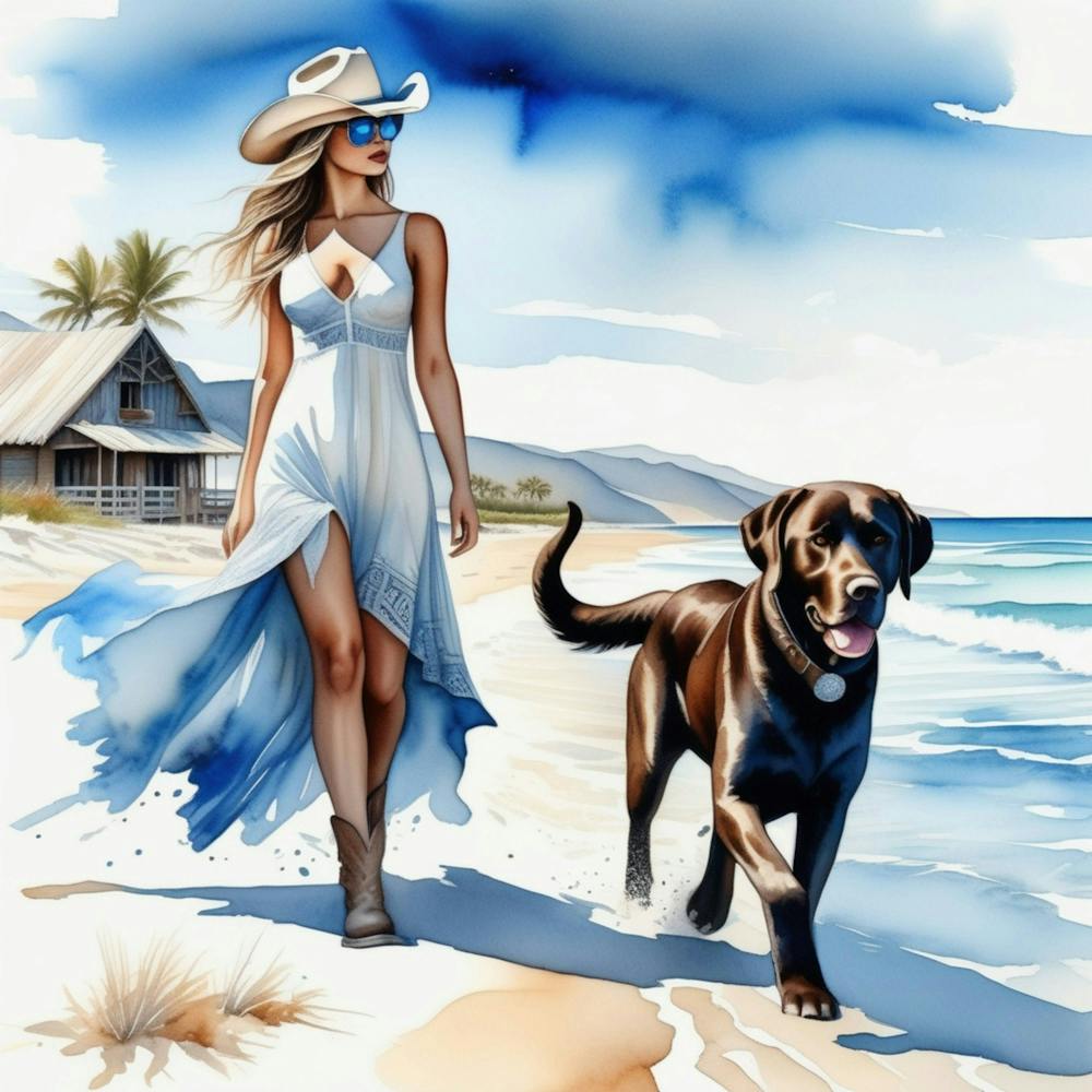 Küsten-Cowgirl am Strand mit Hund