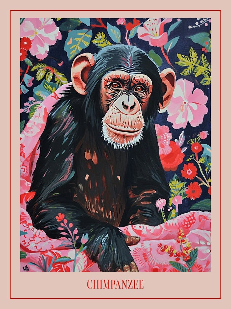 Floral Animal Painting Chimpanzee 1 Poster