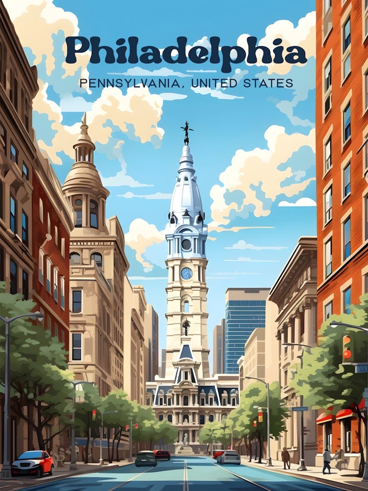Philadelphia Pennsylvania United States Streetview Modern Travel Illustration