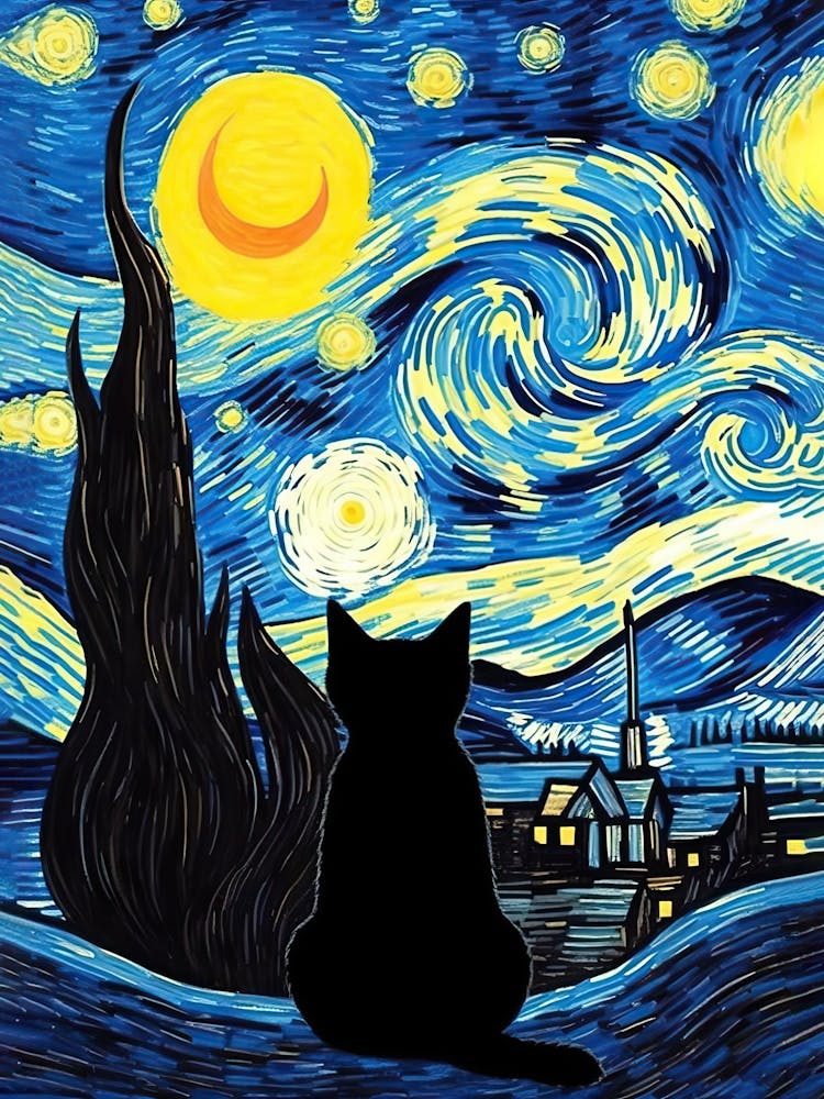 Van Gogh Starry Night Cat Looking Sky Painting