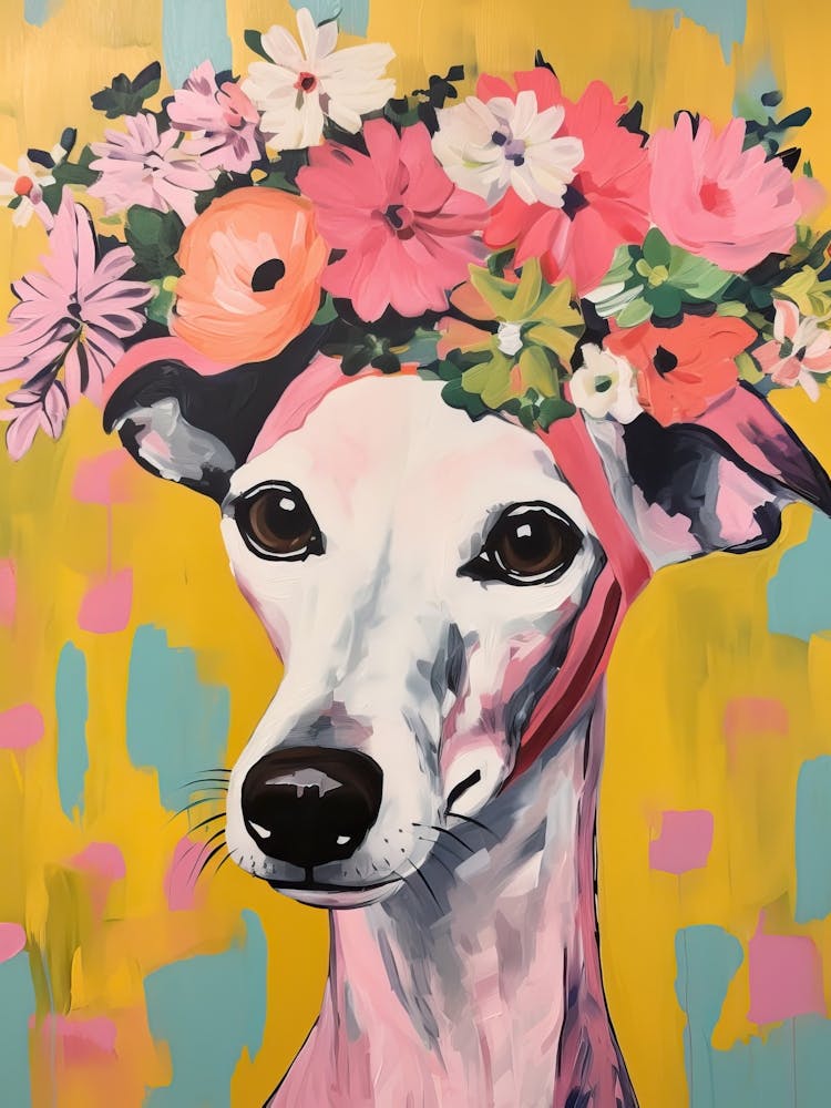 Whippet Portrait With A Flower Crown, Matisse Painting Style 2