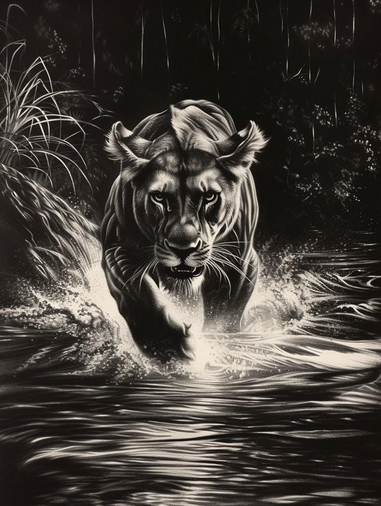 African Lion Charcoal Drawing Crossing A River 3