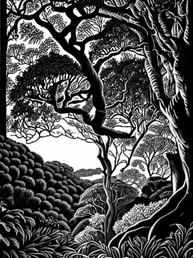 Atherton Tableland S Curtain Fig Tree, Australia Linocut Black And White Vintage