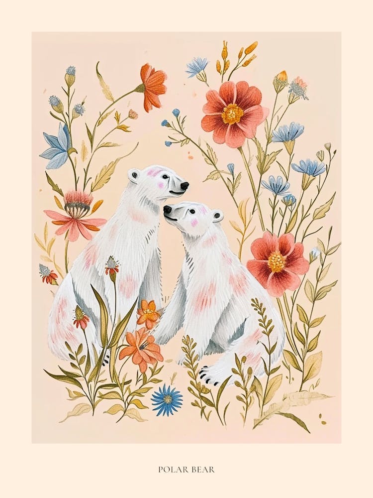 Folksy Floral Animal Drawing Polar Bear 5 Poster