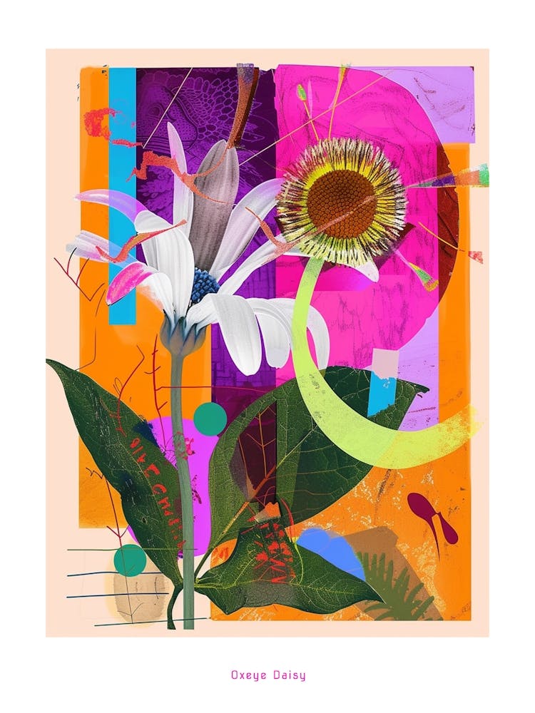 Oxeye Daisy 2 Neon Flower Collage Poster