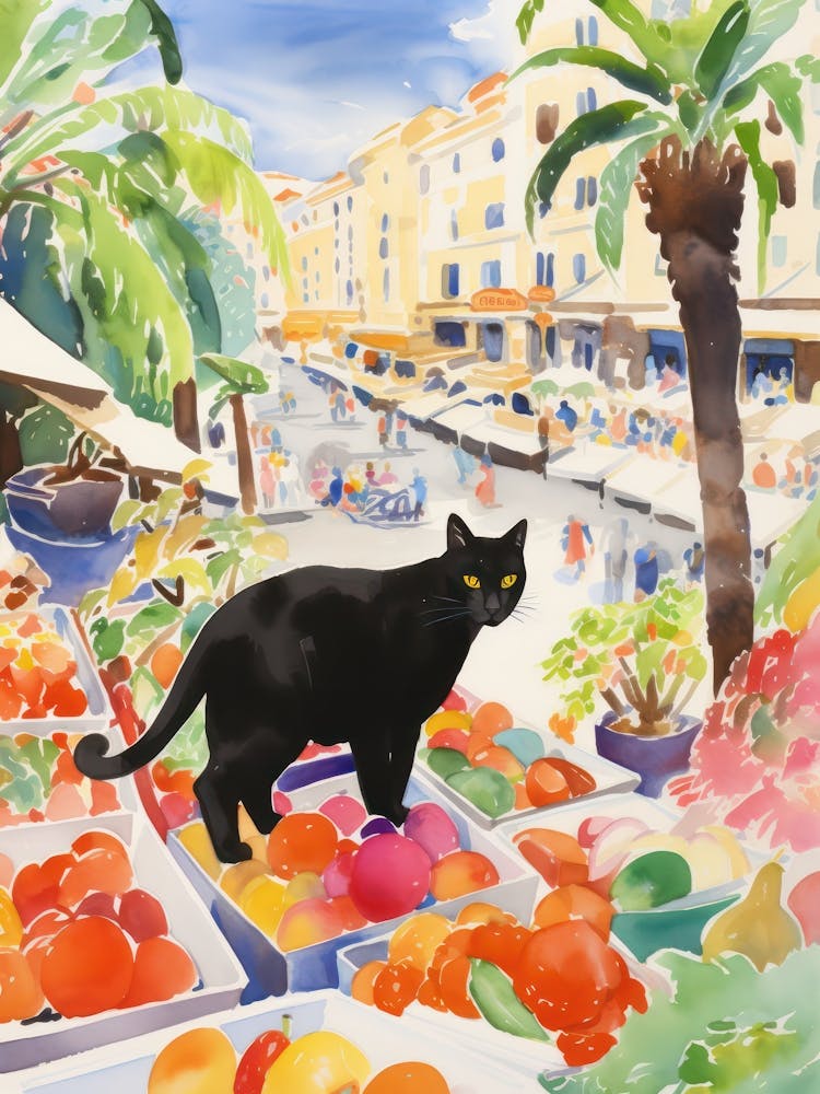 Food Market With Cats In Monaco 1 Watercolour