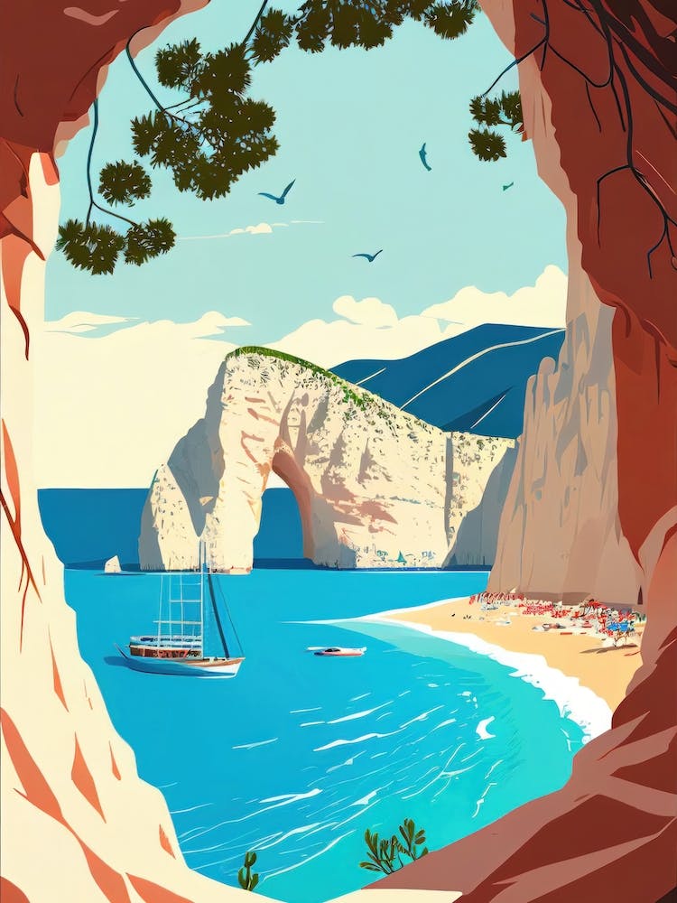 Navagio Beach, Zakynthos, Greece - Retro Landscape Beach and Coastal Theme Travel Poster