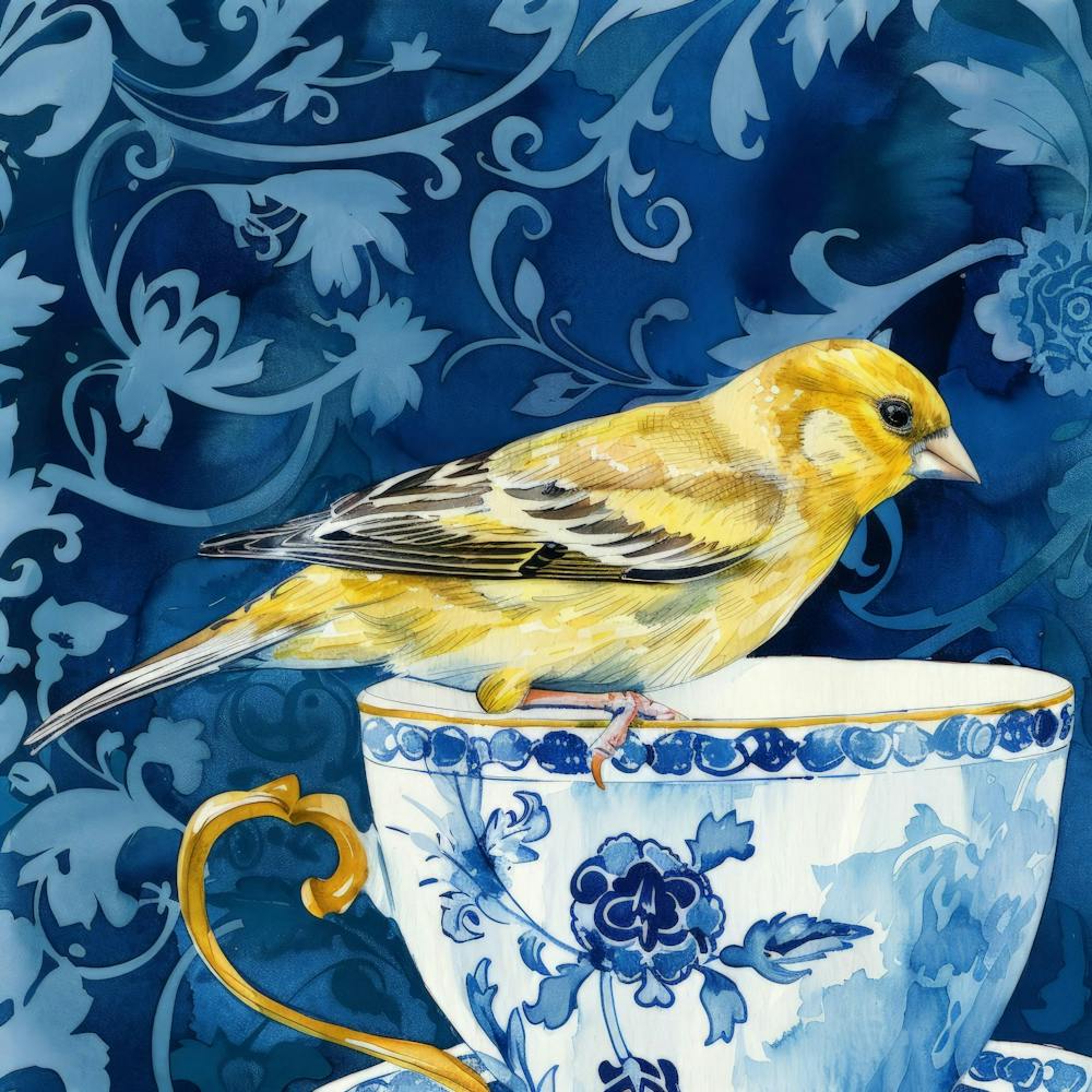 Yellow Finch In Teacup 1