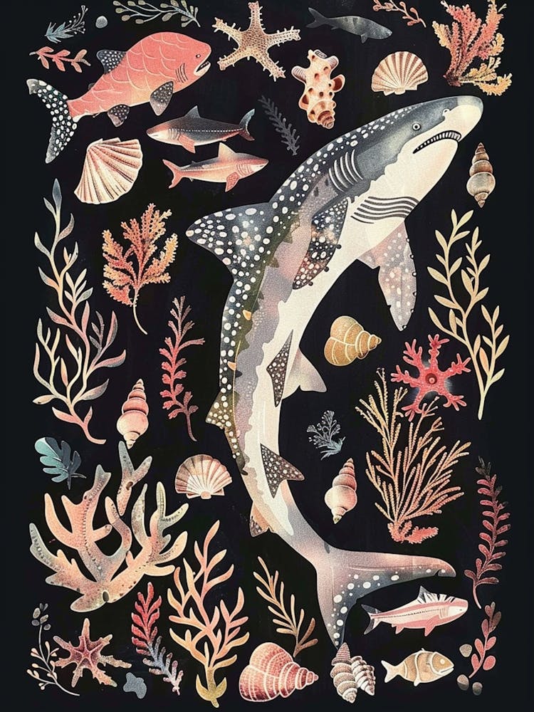 Greenland Shark Seascape Black Background Illustration 4