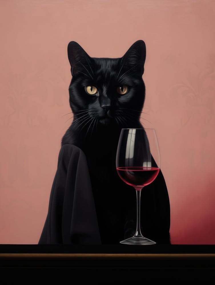 A Black Cat With A Wine Glass Painting