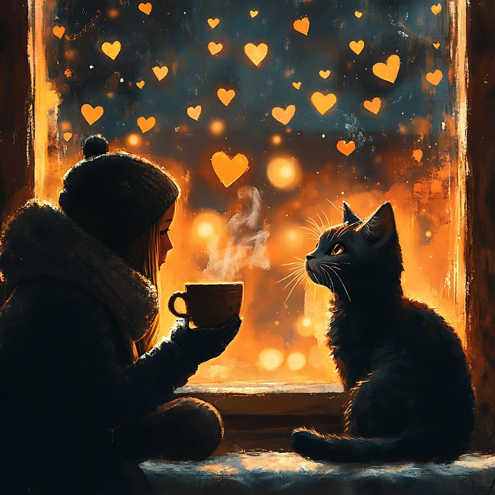 Cat and Person Sharing Hot Cocoa Artwork 2