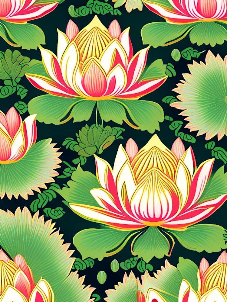 Lotus Flower Repeat Pattern Retro Illustration 1