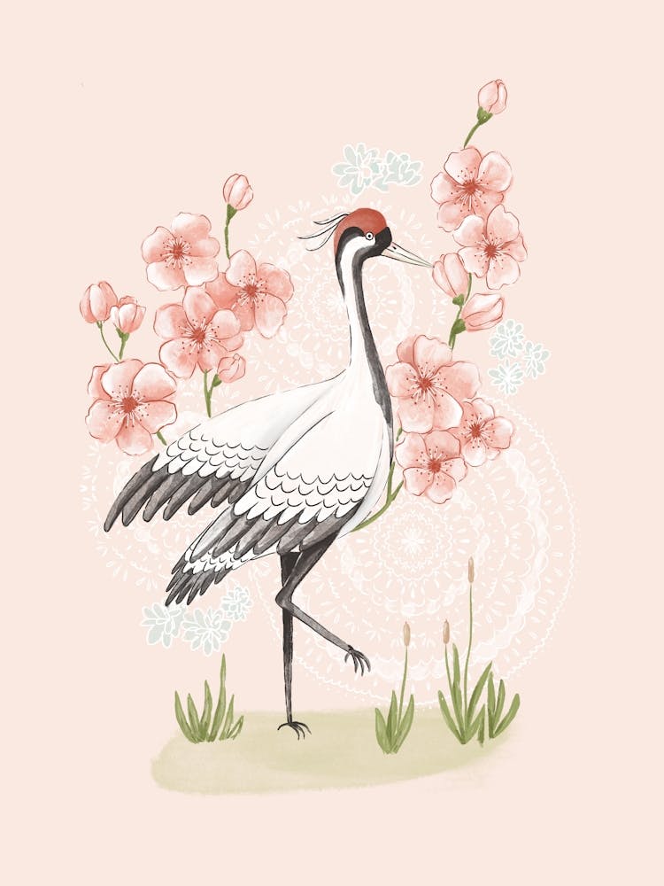 Japanese crane with pink cherry blossoms