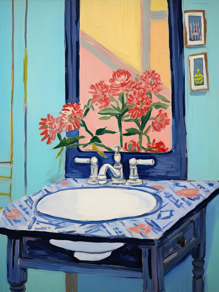 Bathroom Vanity Painting With A Zinnia Bouquet 4