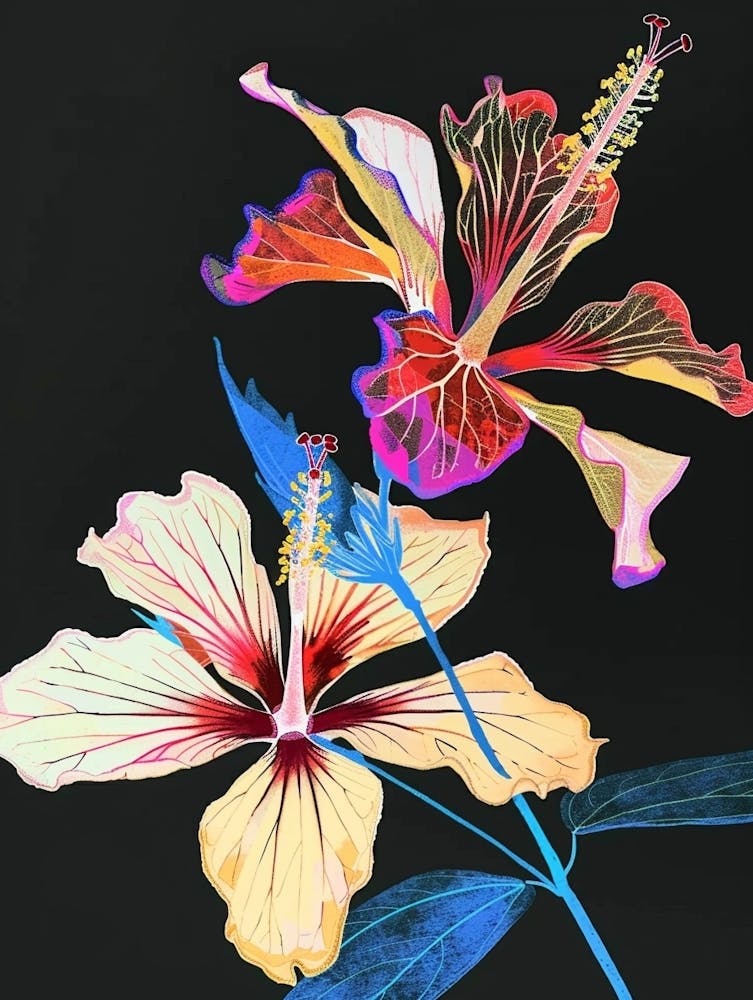 Neon Flowers On Black Hibiscus 1
