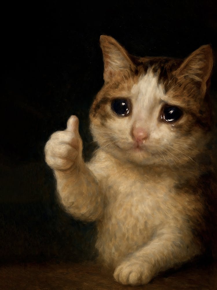 Sad Thumbs Up Crying Cat Poster – Sad Meme Cat Art: Tears in his eyes, paw raised in support – this crying cat meme painting is pure emotional chaos. Melancholic, cute, and a little pathetic, it’s the perfect feline poster for those who feel everything an