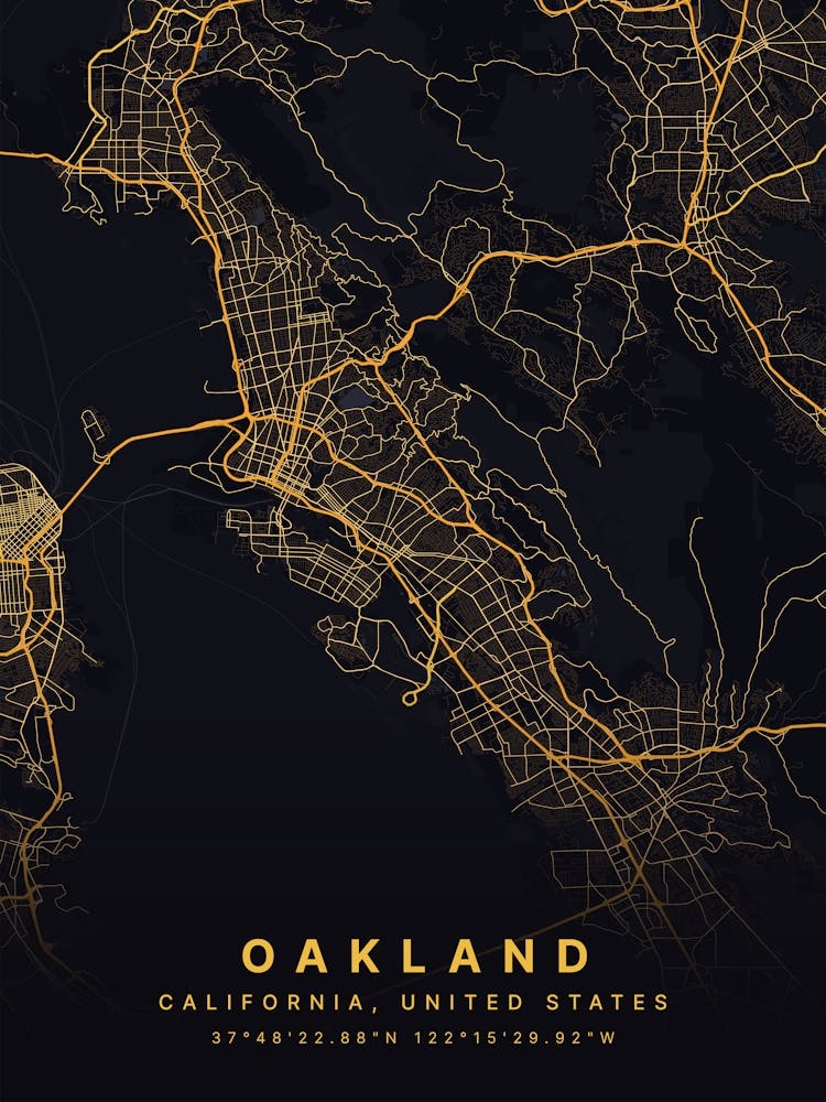 Oakland California Usa Black And Gold Map