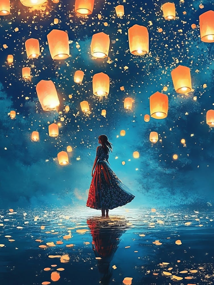 Woman In Dress Standing On Water Against Lanterns Floating In A Night Sky
