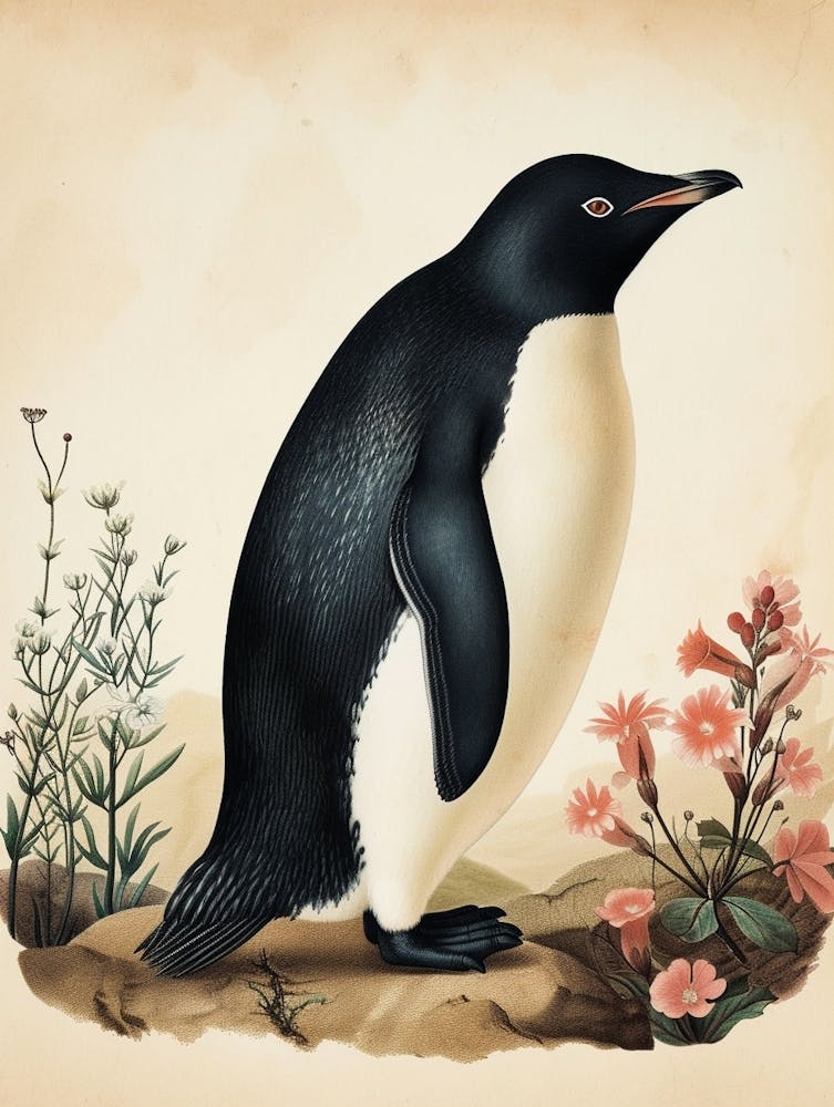 Adlie Penguin Bartolom Island Vintage Botanical Painting 1