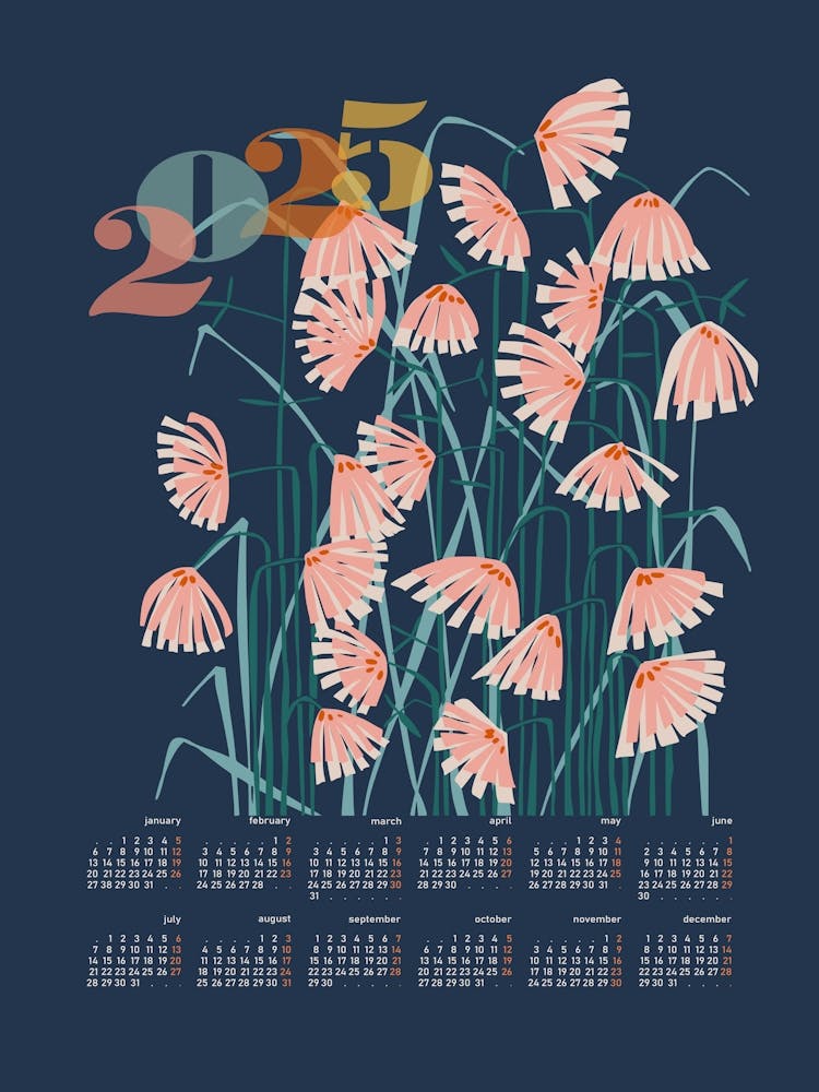 calendar 2025 Linocut flowers blue