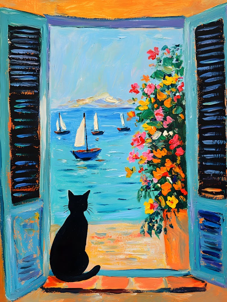 Oil Painting Black Cat Loves the Sea 5