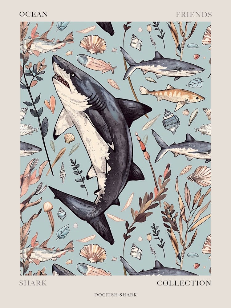 Pastel Blue Dogfish Shark Watercolour Seascape Pattern 3 Poster