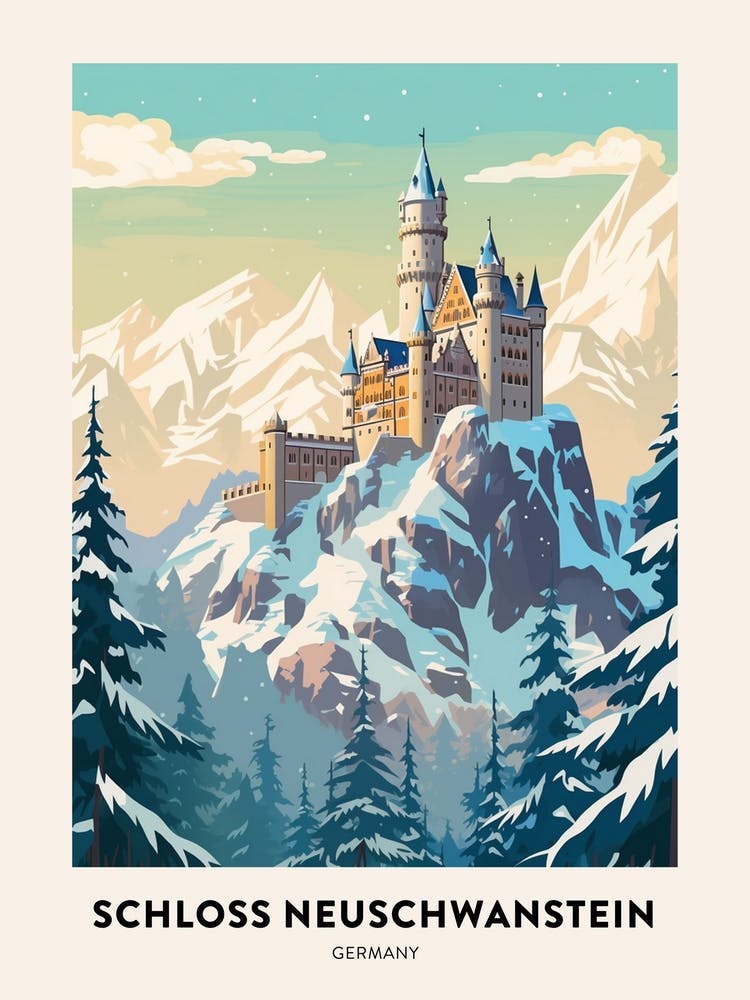 Vintage Winter Travel Poster Schloss Neuschwanstein Germany 5
