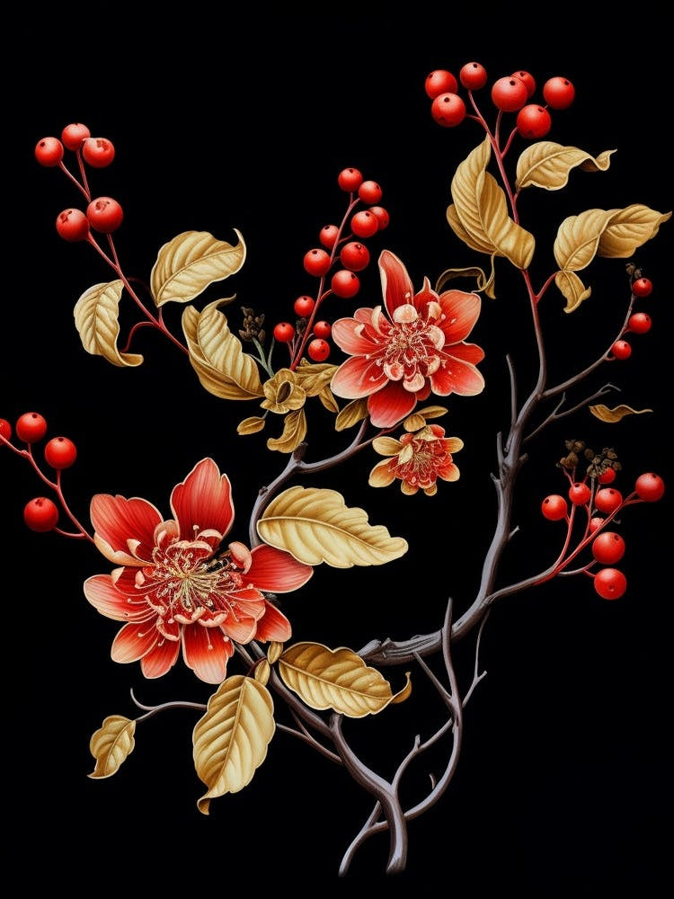 Chinese Witch Hazel 3 William Morris Style Winter Florals