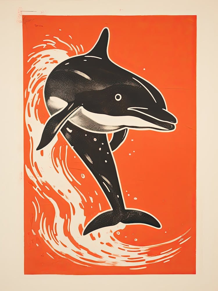Dolphin, Woodblock Animal  Drawing 3