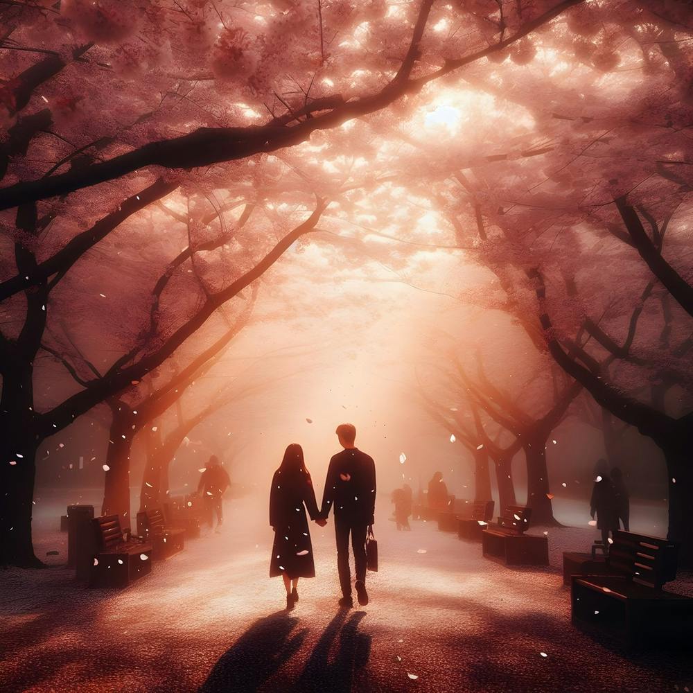 Couple Walking Under Cherry Blossoms