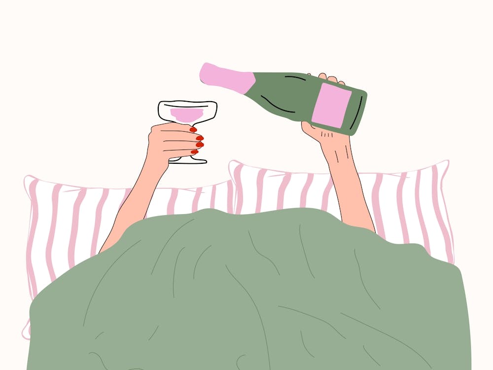 Wine in Bed Green Bedroom Poster
