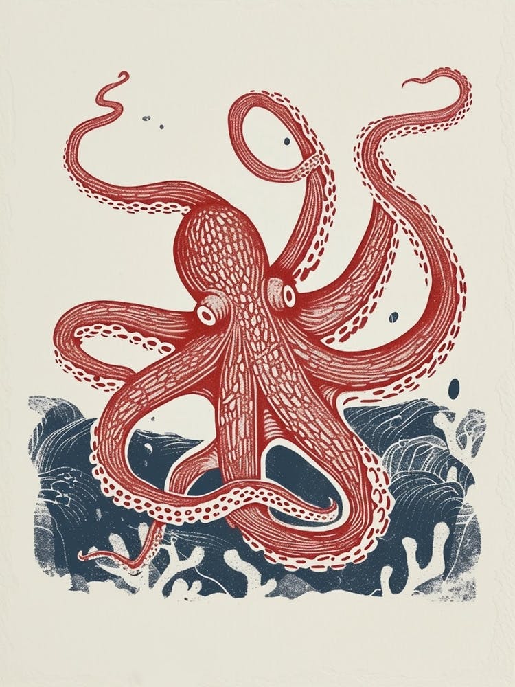 Red & Blue Simple Linocut Style Octopus 4