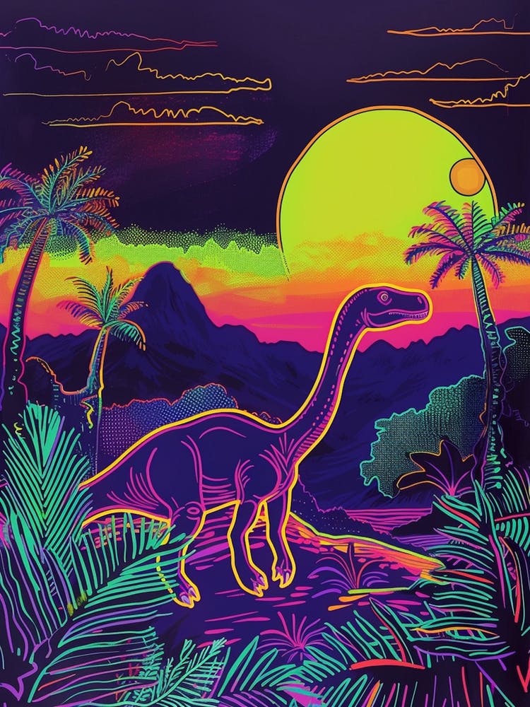 Neon Dinosaur With Palm Trees In A Jurassic Landscape