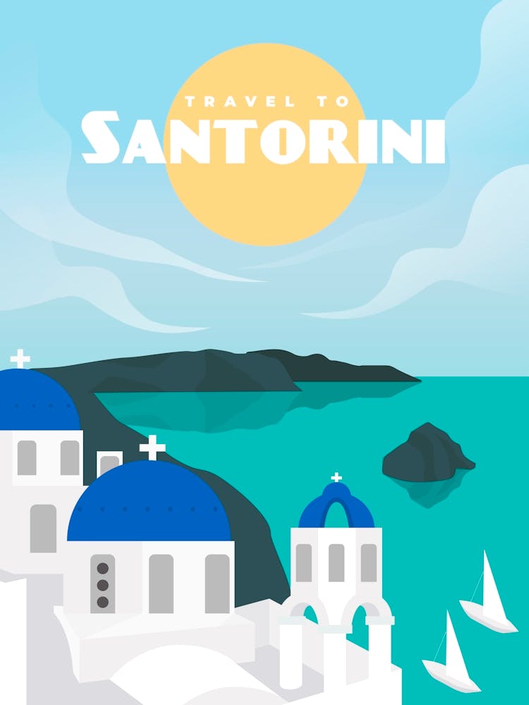 Griechenland, Santorini — Retro Reise Minimalistisches Poster 1
