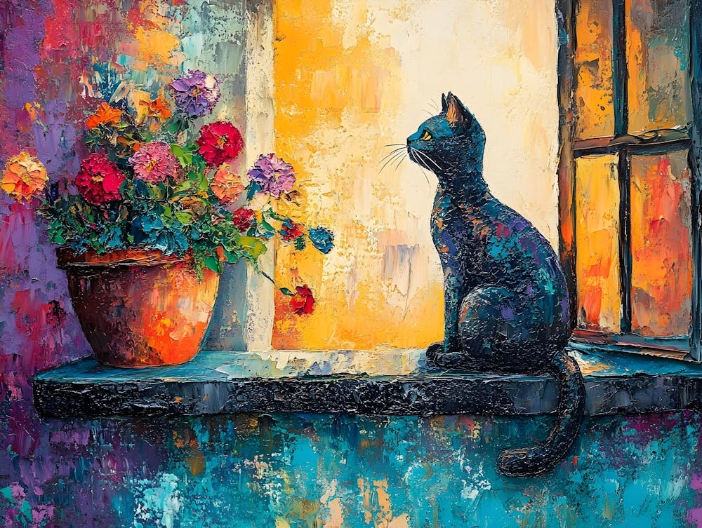 Cat In Window With Flowers 8