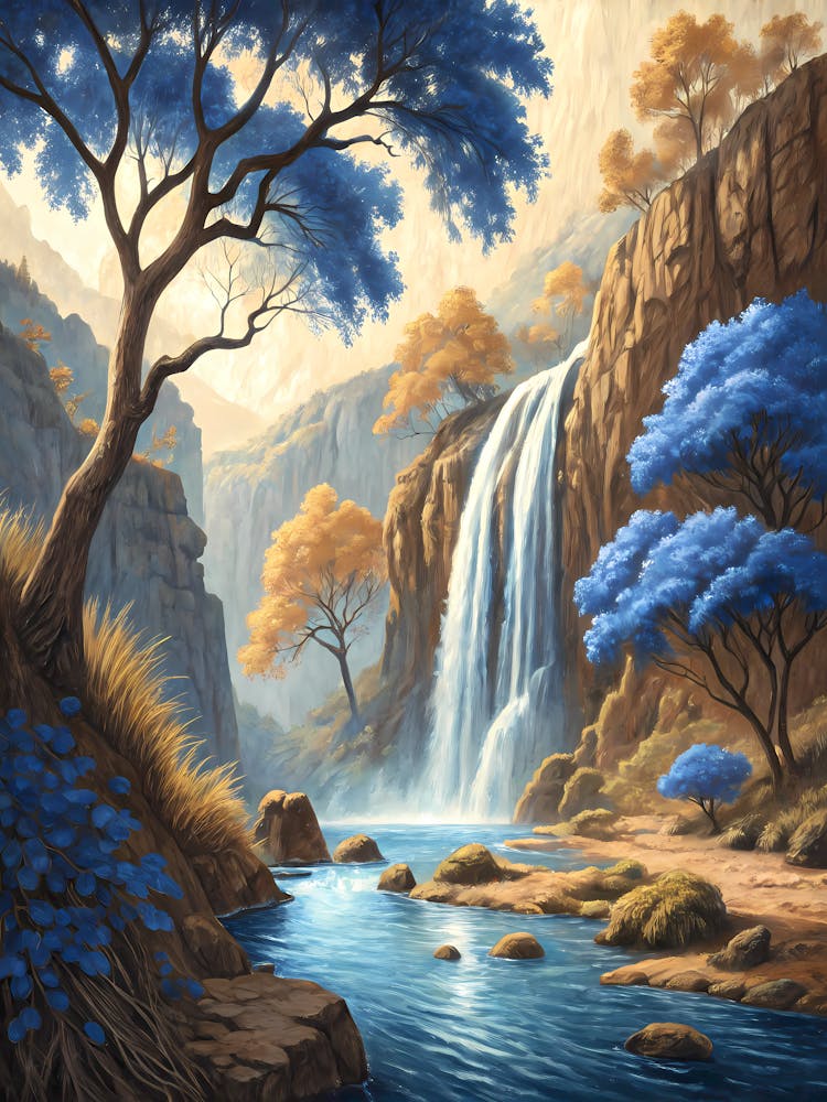 Oil Painting Style Emerald Waterfall Journey Mystical Forest Landscape with Blue Trees