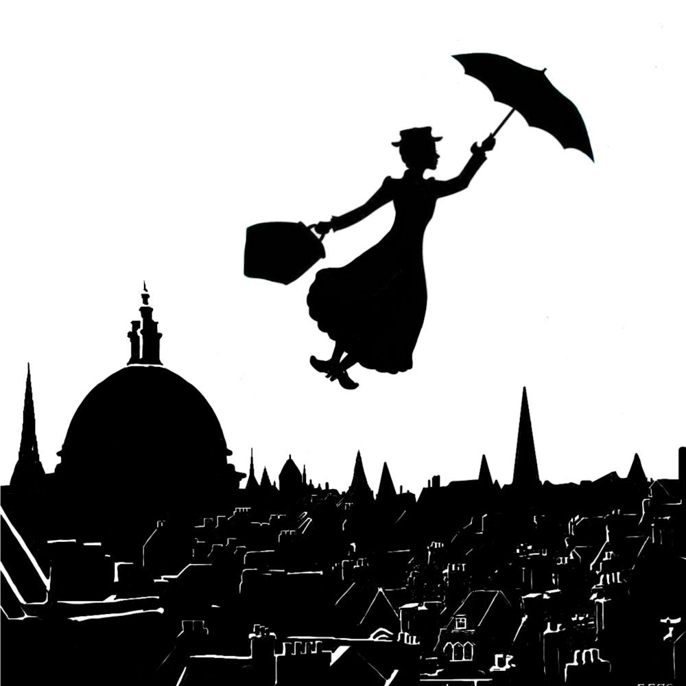 Over the Roof tops with Mary Poppins Square Format Black and White Silhouette
