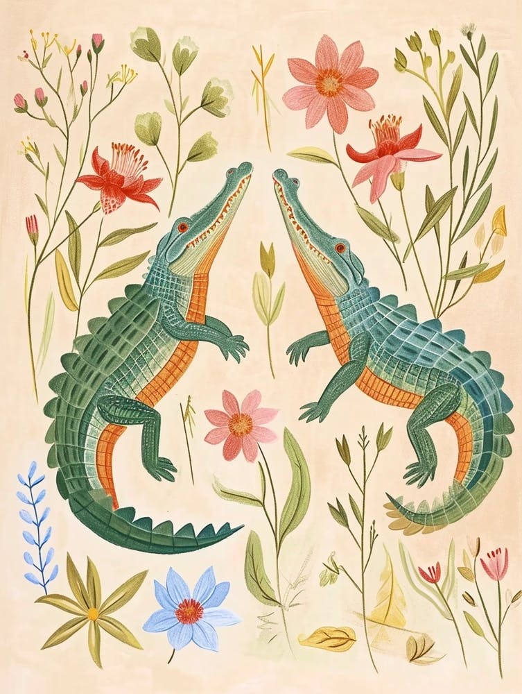 Folksy Floral Animal Drawing Crocodile