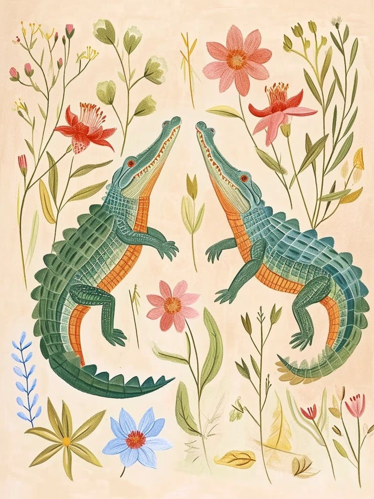 Folksy Floral Animal Drawing Crocodile