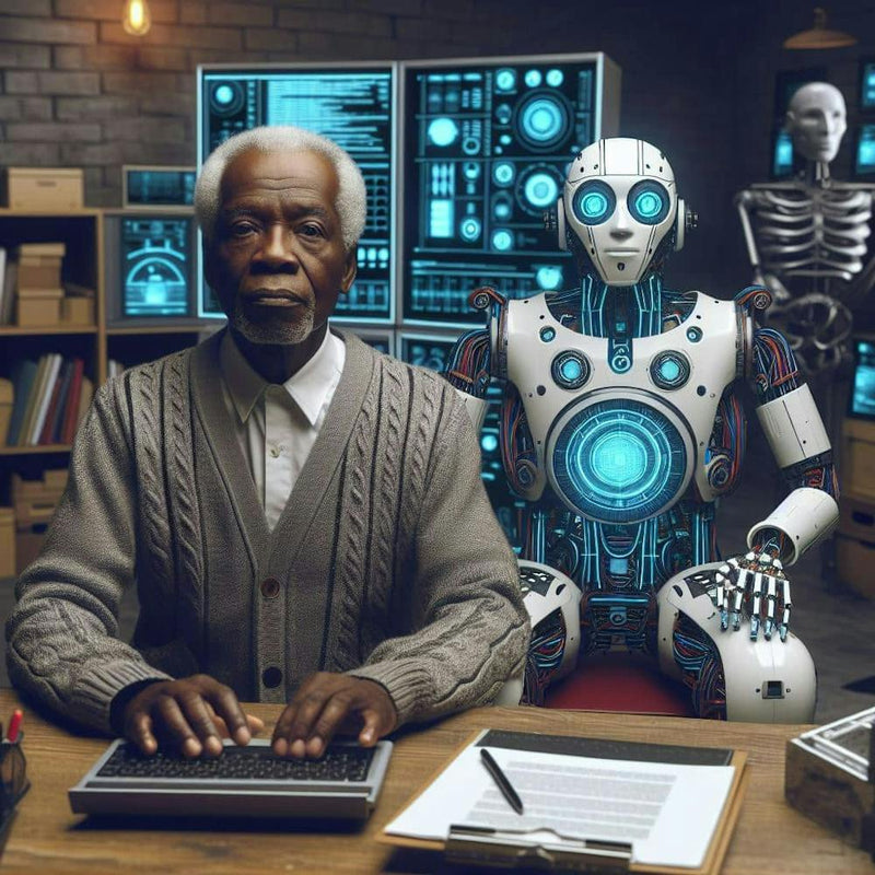 Old Man In Office With Robots