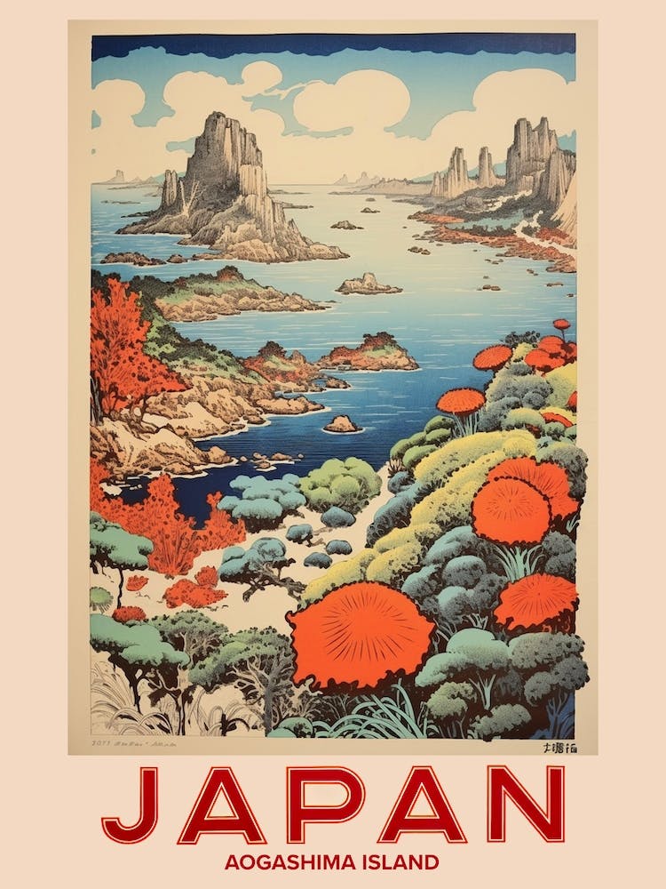 Aogashima Island, Visit Japan Vintage Travel Art 3
