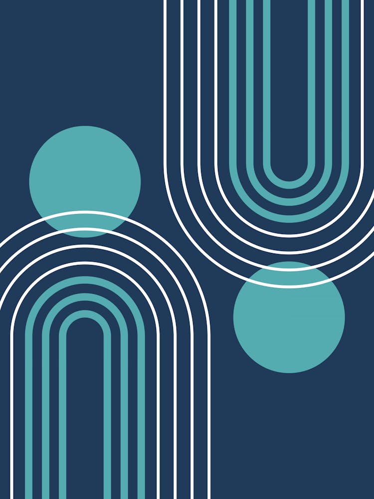 Mid Century Modern Geometric B29 In Navy Blue And Teal (Rainbow And Sun Abstract) 01