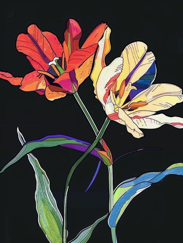Neon Flowers On Black Tulip 2