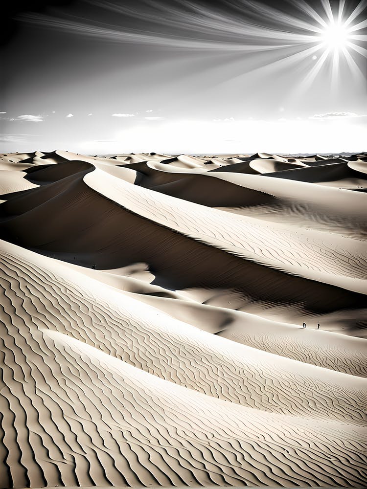Sand Dunes In The Desert, black and white monochromatic art