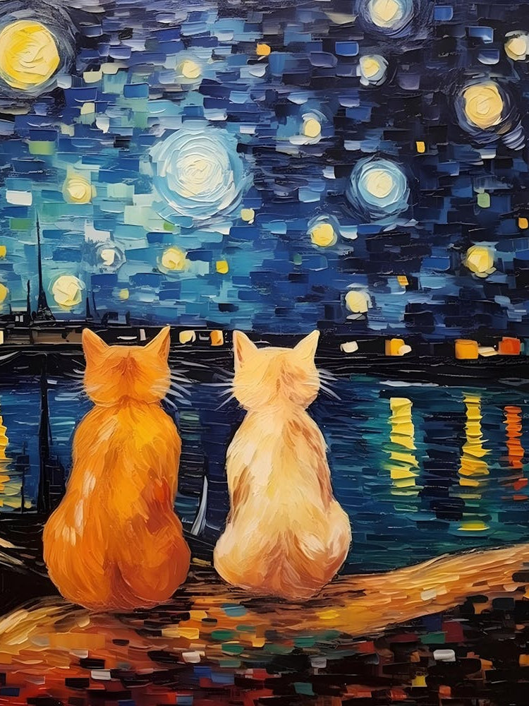 Van Goth starry night with White and Ginger Cat