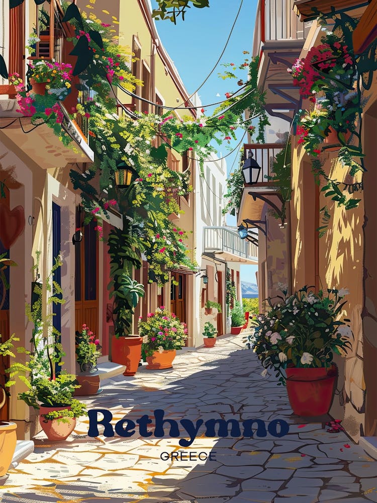 Rethymno Greece Summer Travel Art Illustration