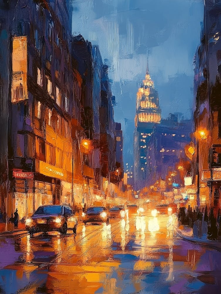 Painting Of Street In Modern Urban City At Evening