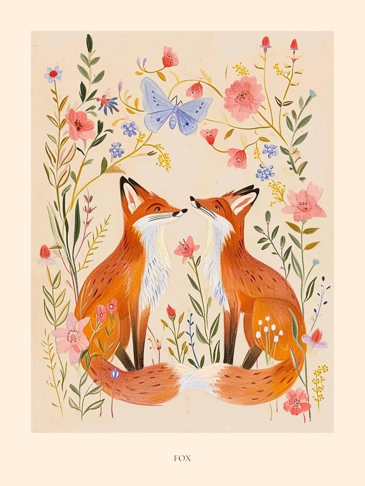 Folksy Floral Animal Drawing Fox 5 Poster