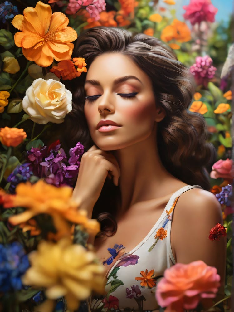 Ein Porträt einer nachdenklichen Frau in einem von Blumen umgebenen Garten