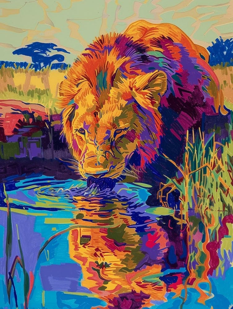 Transvaal Lion Drinking From A Watering Hole Fauvist Painting 2